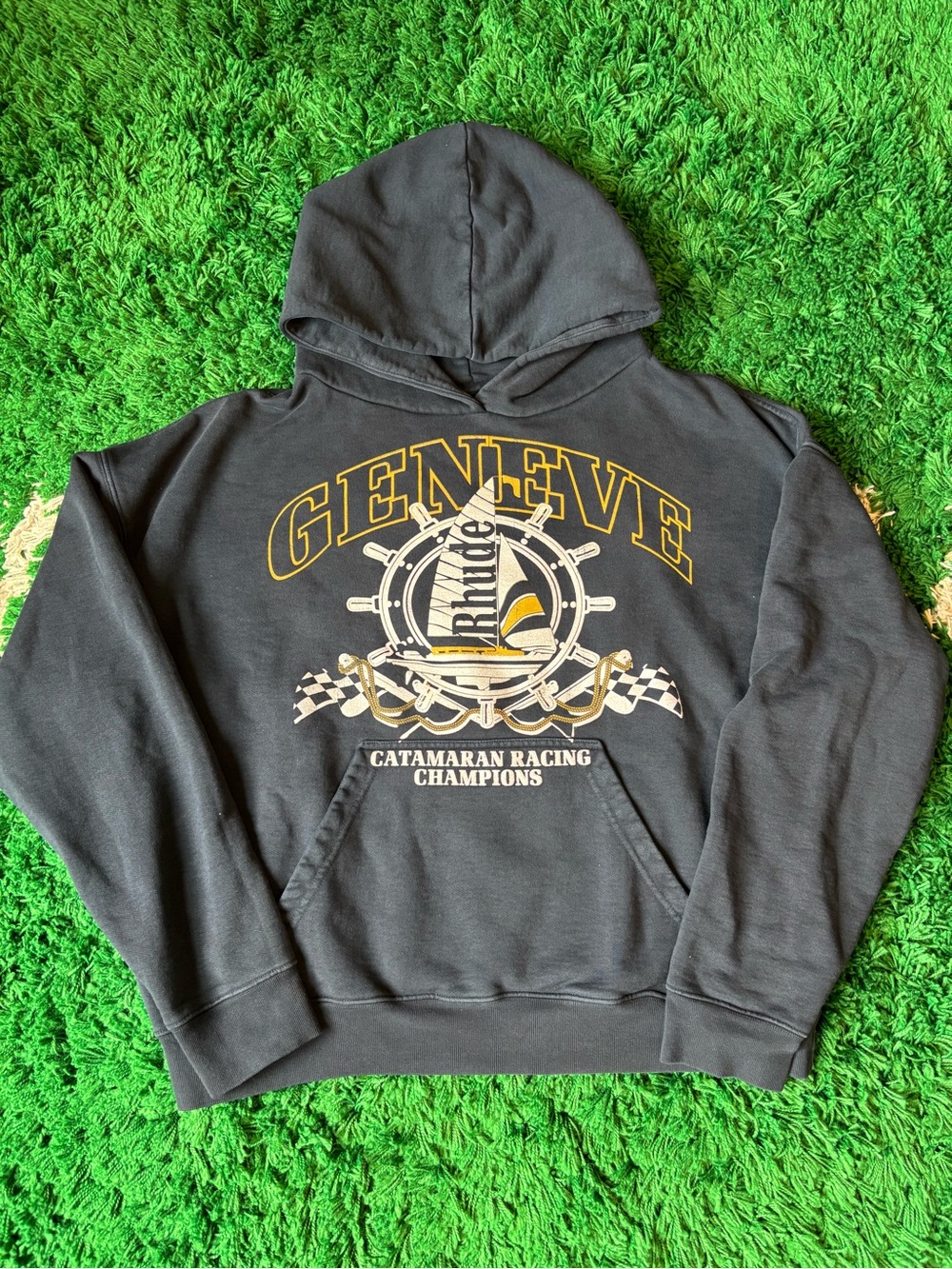 Rhude Black Hoodie with Yellow and White Graphic